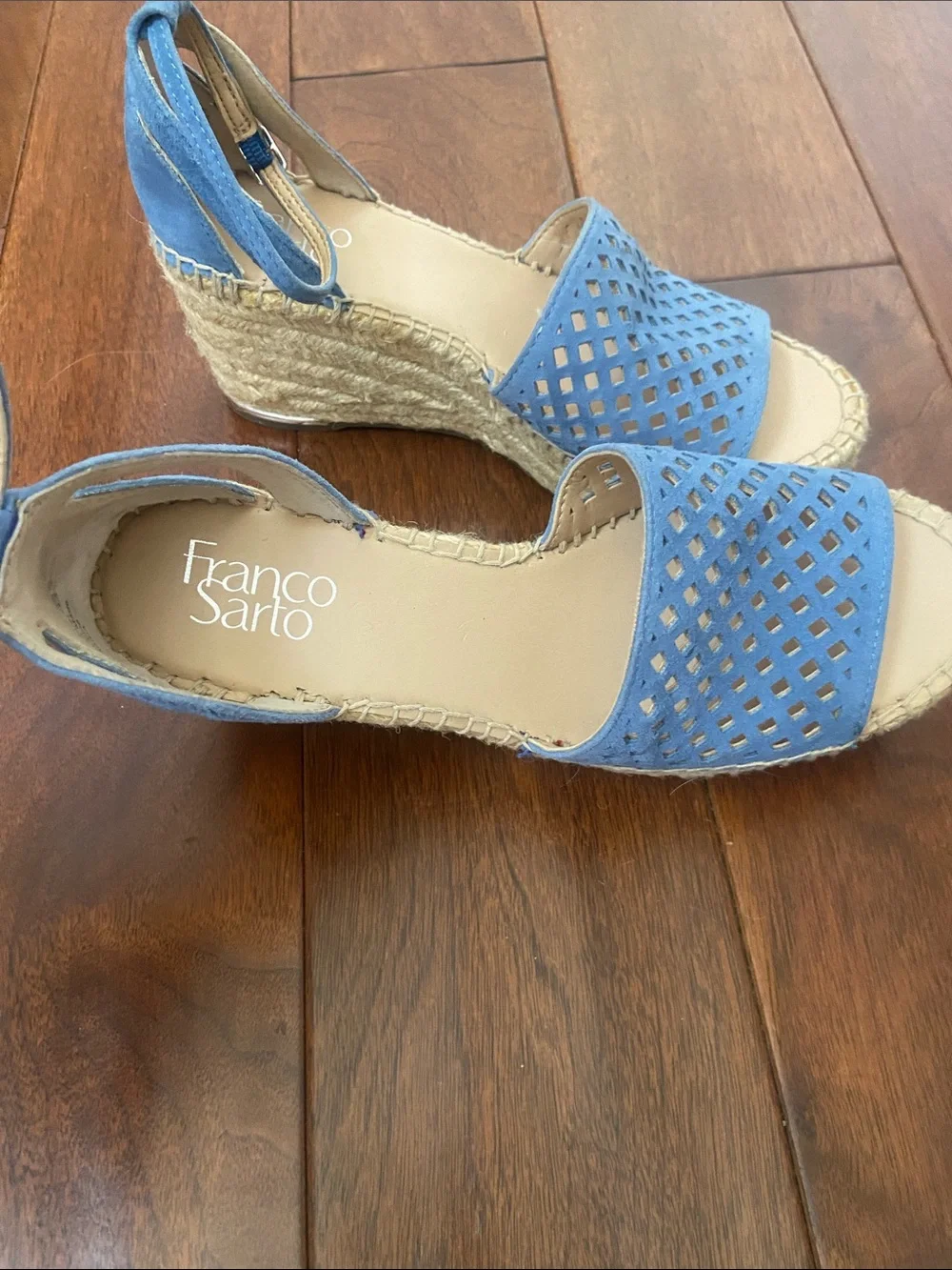 Franco Sarto Light Blue leather Espadrille Wedge Sandals with Ankle Strap.